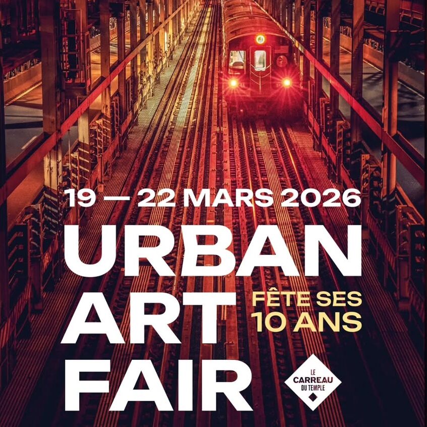 Poster for Urban Art Fair 2026, 19–22 March, showing a train approaching through a red-lit steel bridge.