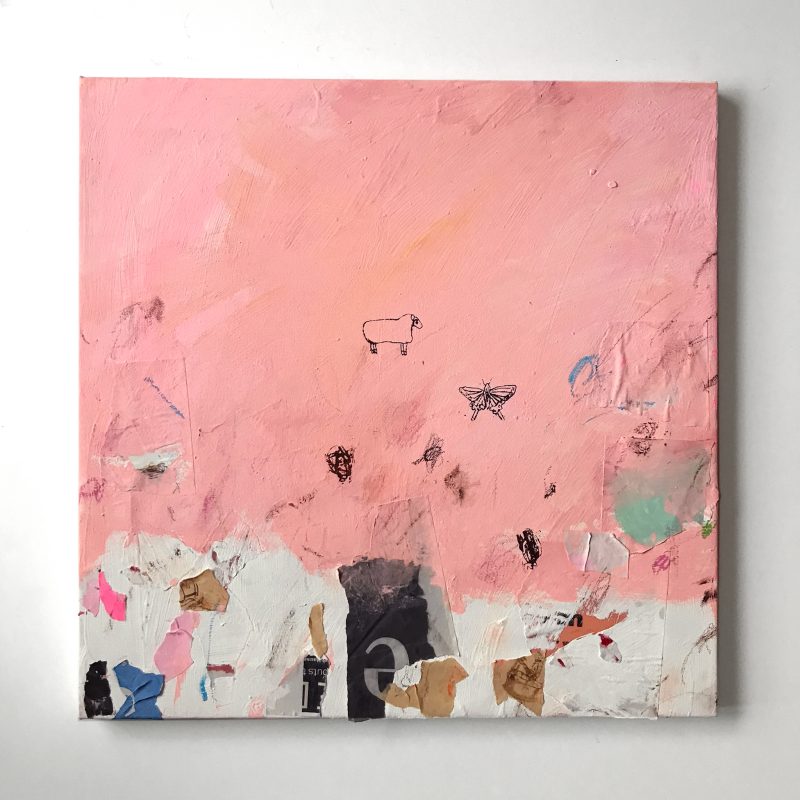 Work by Norio Monma: a sheep and a butterfly on a pink ground